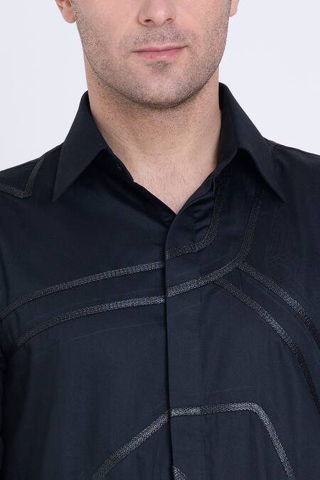 Arun Verma_Black Cotton Satin Embroidery, Patchwork Geometric Work Shirt _at_Aza_Fashions