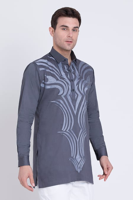 Arun Verma_Grey Cotton Satin Embroidery Resham Shirt _Online_at_Aza_Fashions
