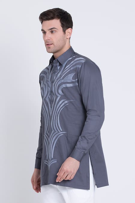 Buy_Arun Verma_Grey Cotton Satin Embroidery Resham Shirt _Online_at_Aza_Fashions