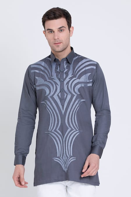Shop_Arun Verma_Grey Cotton Satin Embroidery Resham Shirt _Online_at_Aza_Fashions