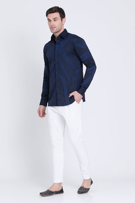 Arun verma Blue Cotton Satin Embroidered Geometric Resham Collared Shirt
