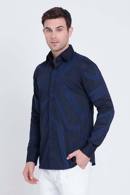 Arun Verma_Blue Cotton Satin Embroidery Resham Collared Shirt _Online_at_Aza_Fashions