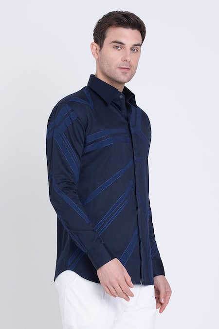 Buy_Arun Verma_Blue Cotton Satin Embroidery Resham Collared Shirt _Online_at_Aza_Fashions