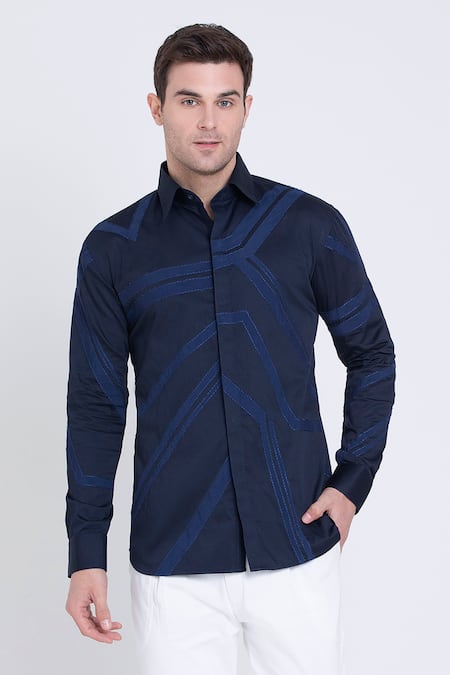 Arun Verma_Blue Cotton Satin Embroidery Resham Collared Shirt _at_Aza_Fashions