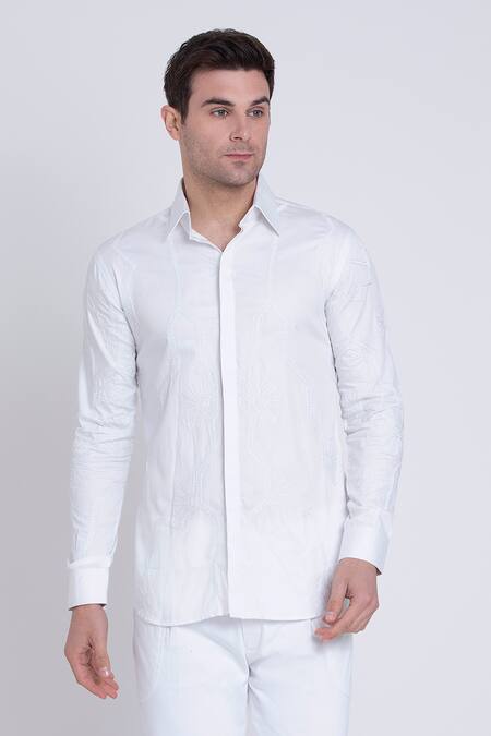 Arun Verma_Ivory Cotton Satin Embroidered Resham Shirt_Online_at_Aza_Fashions