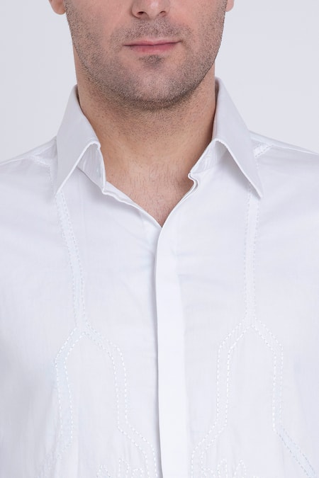 Arun Verma_Ivory Cotton Satin Embroidered Resham Shirt_at_Aza_Fashions