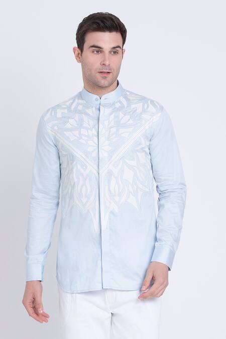 Arun verma Blue Cotton Satin Embroidered Resham Front Shirt  3