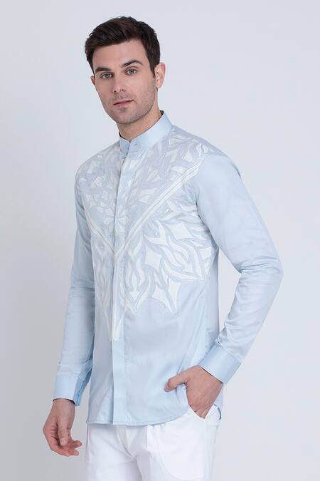 Arun verma Blue Cotton Satin Embroidered Resham Front Shirt  4