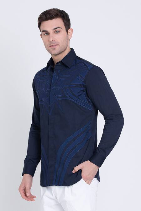 Buy_Arun Verma_Blue Cotton Satin Embroidery Geometric Patch Front Shirt _Online_at_Aza_Fashions
