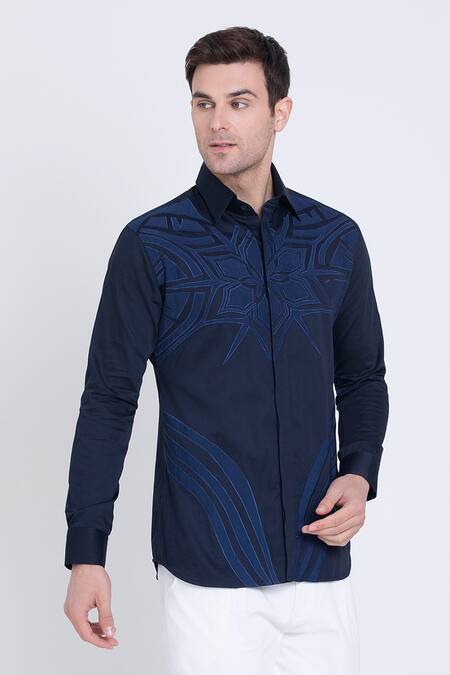 Shop_Arun Verma_Blue Cotton Satin Embroidery Geometric Patch Front Shirt _Online_at_Aza_Fashions