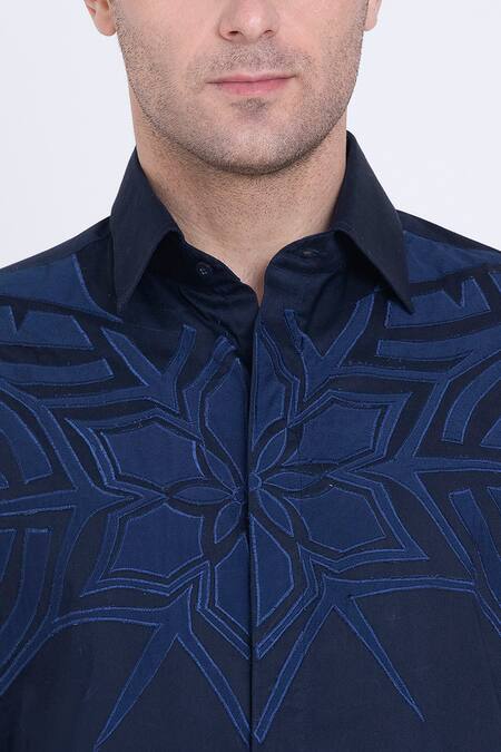Arun Verma_Blue Cotton Satin Embroidery Geometric Patch Front Shirt _at_Aza_Fashions