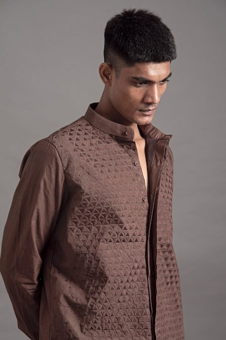 Shop_Arun Verma_Brown Cotton Embroidery Thread Shirt _at_Aza_Fashions
