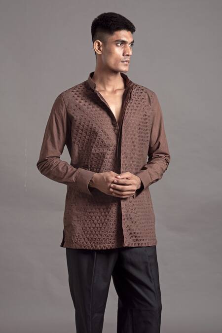 Arun Verma_Brown Cotton Embroidery Thread Shirt _Online_at_Aza_Fashions