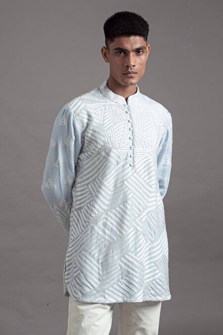 Arun Verma Blue Silk, Cotton Embroidery Thread Short Kurta With Pant Online at Aza Fashions Arun Verma_Blue Silk, Cotton Embroidery Thread Short Kurta With Pant _Online_at_Aza_Fashions