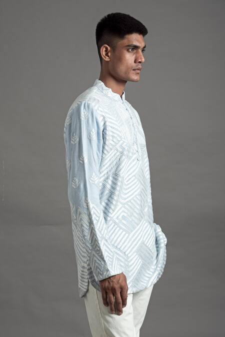 Buy Arun Verma Blue Silk, Cotton Embroidery Thread Short Kurta With Pant Online at Aza Fashions Buy_Arun Verma_Blue Silk, Cotton Embroidery Thread Short Kurta With Pant _Online_at_Aza_Fashions