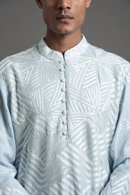 Shop Arun Verma Blue Silk, Cotton Embroidery Thread Short Kurta With Pant Online at Aza Fashions Shop_Arun Verma_Blue Silk, Cotton Embroidery Thread Short Kurta With Pant _Online_at_Aza_Fashions