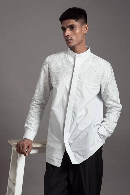 Buy_Arun Verma_White Silk Embroidery Placement Shirt Kurta With Pant _Online_at_Aza_Fashions