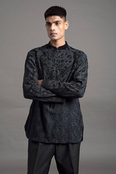 Buy_Arun Verma_Blue Silk Embroidery Applique Work Short Kurta With Pant _Online_at_Aza_Fashions