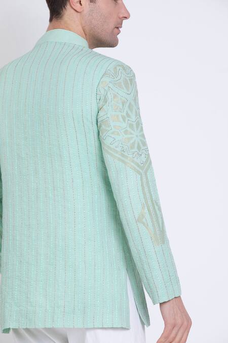 Arun Verma_Green Linen Embroidery Resham Short Kurta And Pant Set _Online_at_Aza_Fashions