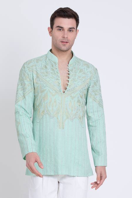 Buy_Arun Verma_Green Linen Embroidery Resham Short Kurta And Pant Set _Online_at_Aza_Fashions