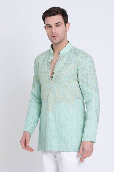 Shop_Arun Verma_Green Linen Embroidery Resham Short Kurta And Pant Set _Online_at_Aza_Fashions