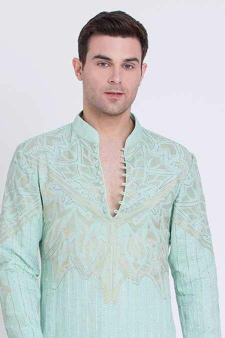 Arun Verma_Green Linen Embroidery Resham Short Kurta And Pant Set _at_Aza_Fashions