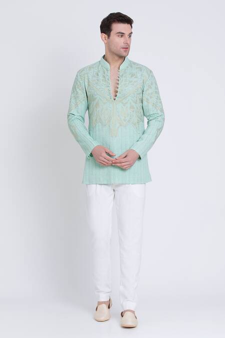 Buy_Arun Verma_Green Linen Embroidery Resham Short Kurta And Pant Set 
