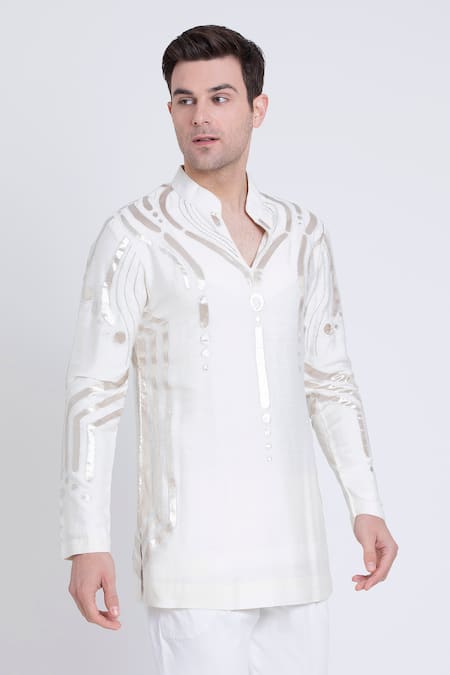 Buy_Arun Verma_Ivory Silk Applique Embroidered Short Kurta And Pant Set _Online_at_Aza_Fashions