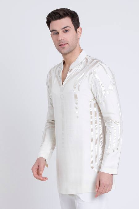Shop_Arun Verma_Ivory Silk Applique Embroidered Short Kurta And Pant Set _Online_at_Aza_Fashions