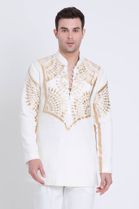 Arun Verma_Ivory Linen Embroidery Applique Kurta And Pant Set _Online_at_Aza_Fashions