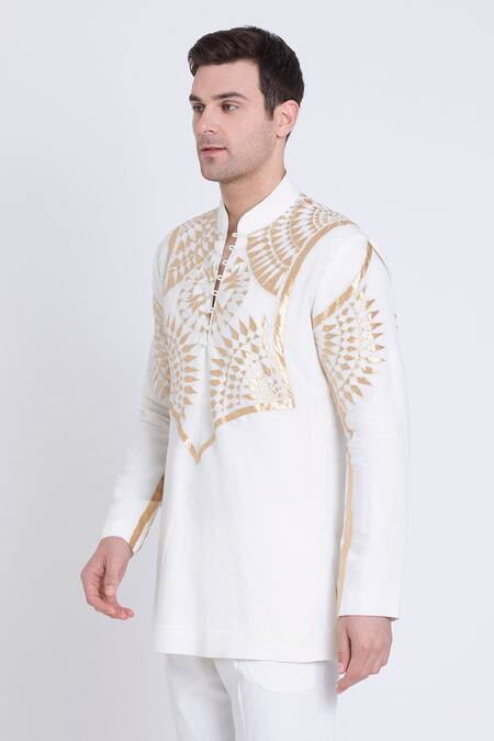 Buy_Arun Verma_Ivory Linen Embroidery Applique Kurta And Pant Set _Online_at_Aza_Fashions