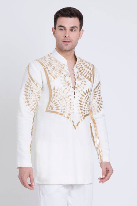 Shop_Arun Verma_Ivory Linen Embroidery Applique Kurta And Pant Set _Online_at_Aza_Fashions