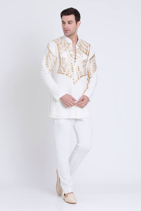 Buy_Arun Verma_Ivory Linen Embroidery Applique Kurta And Pant Set 