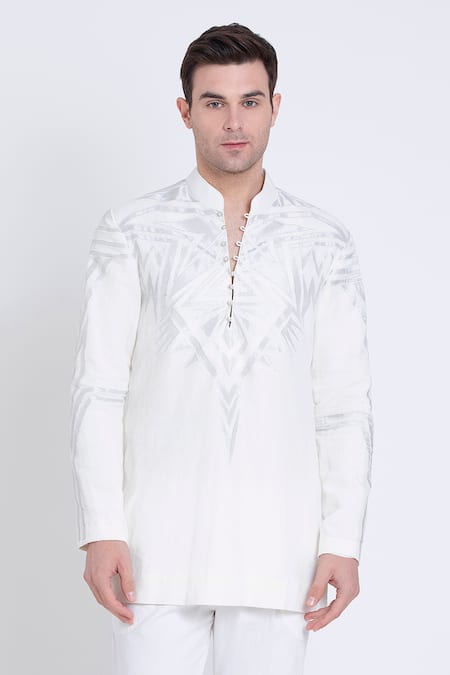 Arun Verma_Ivory Linen Applique Floral Embroidered Kurta Set _Online_at_Aza_Fashions