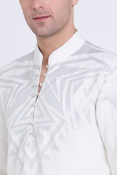 Shop_Arun Verma_Ivory Linen Applique Floral Embroidered Kurta Set _Online_at_Aza_Fashions
