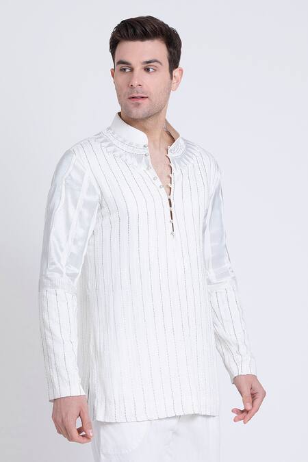 Arun Verma_White Silk Embroidery Stripe Kurta Set _Online_at_Aza_Fashions