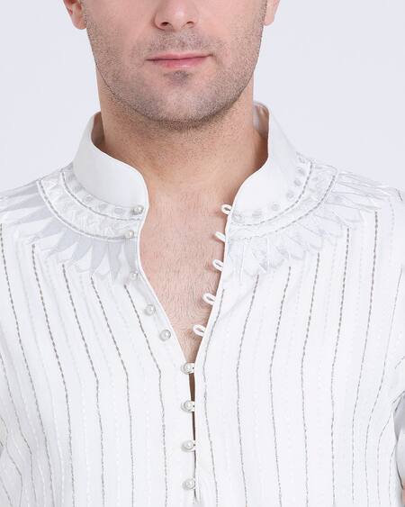 Buy_Arun Verma_White Silk Embroidery Stripe Kurta Set _Online_at_Aza_Fashions