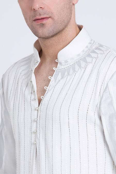 Shop_Arun Verma_White Silk Embroidery Stripe Kurta Set _Online_at_Aza_Fashions