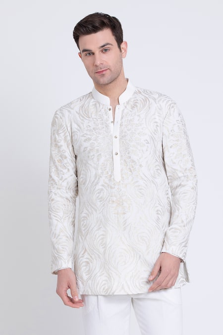 Arun Verma_Ivory Linen Embroidery Resham Kurta Set _Online_at_Aza_Fashions