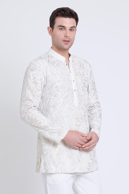 Shop_Arun Verma_Ivory Linen Embroidery Resham Kurta Set _Online_at_Aza_Fashions