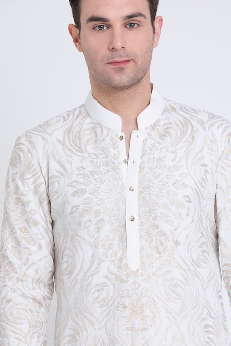 Arun Verma_Ivory Linen Embroidery Resham Kurta Set _at_Aza_Fashions