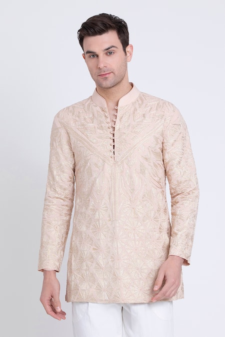 Arun Verma_Pink Chanderi Embroidery Aari Kurta Set _Online_at_Aza_Fashions