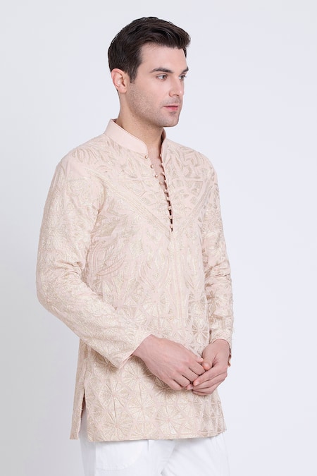 Buy_Arun Verma_Pink Chanderi Embroidery Aari Kurta Set _Online_at_Aza_Fashions