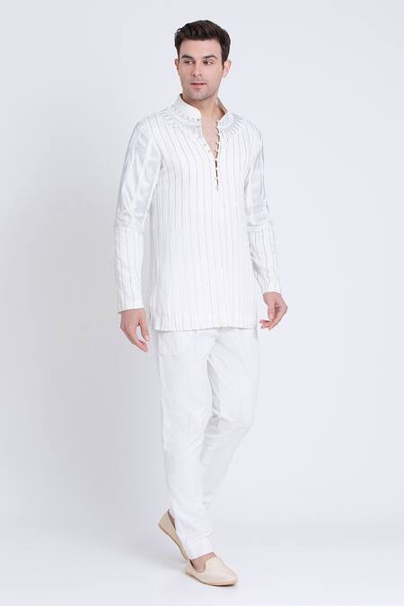 Arun Verma_White Cotton, Silk Embroidery Kurta And Pant Set _Online_at_Aza_Fashions