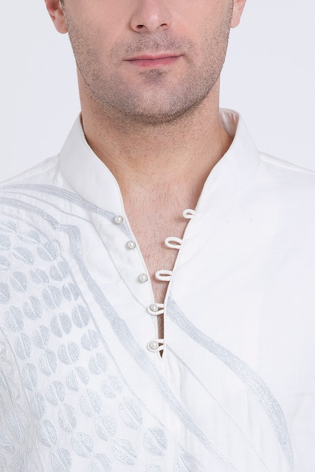 Shop_Arun Verma_Ivory Linen Embroidery Geometric Kurta And Pant Set _Online_at_Aza_Fashions