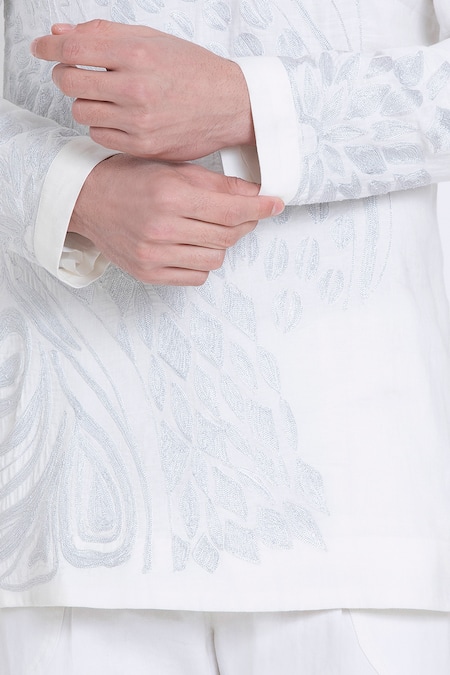 Arun Verma_Ivory Linen Embroidery Geometric Kurta And Pant Set _at_Aza_Fashions