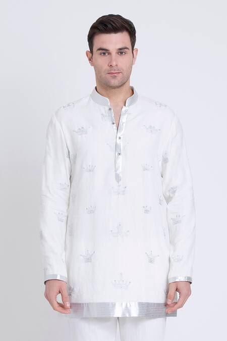 Arun Verma_Ivory Linen Stones, Embroidery Crown Patchwork Kurta And Pant Set _Online_at_Aza_Fashions