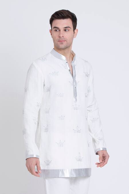 Buy_Arun Verma_Ivory Linen Stones, Embroidery Crown Patchwork Kurta And Pant Set _Online_at_Aza_Fashions