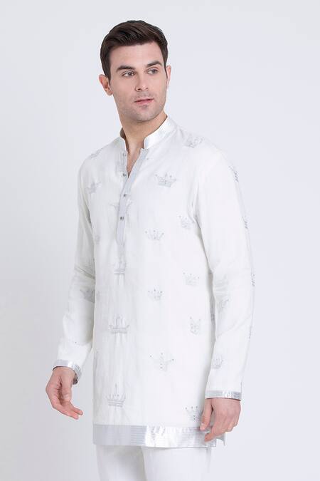 Shop_Arun Verma_Ivory Linen Stones, Embroidery Crown Patchwork Kurta And Pant Set _Online_at_Aza_Fashions