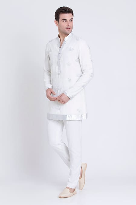 Buy_Arun Verma_Ivory Linen Stones, Embroidery Crown Patchwork Kurta And Pant Set 